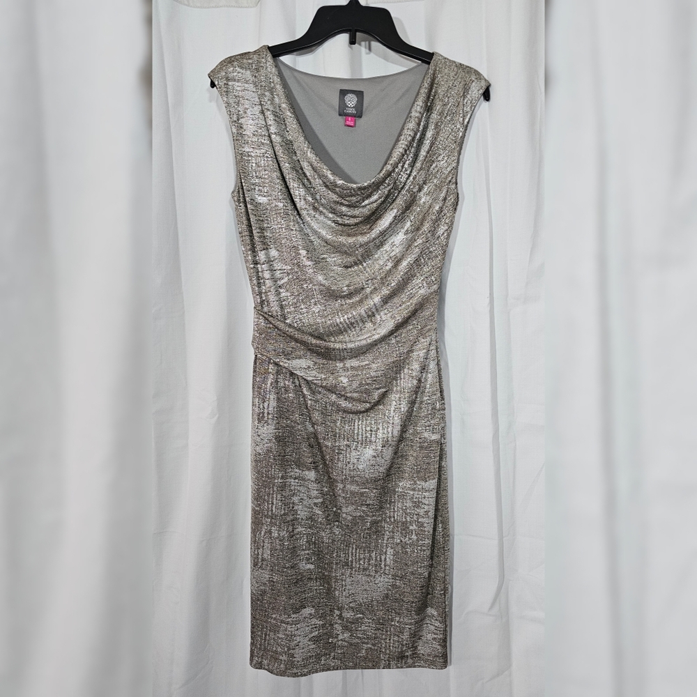 Vince Camuto Metallic Cowl Neck Bodycon Sheath Cocktail Dress Silver Sz 6